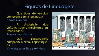 Figuras de Linguagem
Que tipos de veículos
compõem a cena retratada?
Carros e ônibus.
A disposição dos
veículos sugere movimento ou
imobilidade?
Sugere imobilidade.
Que personagens
compõem a cena? Especifique-
os.
Animais: caracóis e sardinhas.
 