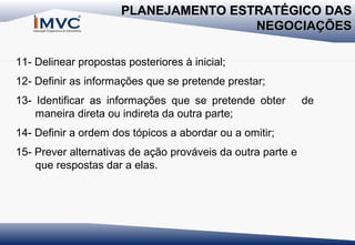 PLANEJAMENTO ESTRATÉGICO DAS
NEGOCIAÇÕES
11- Delinear propostas posteriores à inicial;
12- Definir as informações que se pretende prestar;
13- Identificar as informações que se pretende obter
maneira direta ou indireta da outra parte;
14- Definir a ordem dos tópicos a abordar ou a omitir;
15- Prever alternativas de ação prováveis da outra parte e
que respostas dar a elas.

de

 