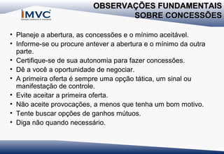 OBSERVAÇÕES FUNDAMENTAIS
SOBRE CONCESSÕES
• Planeje a abertura, as concessões e o mínimo aceitável.
• Informe-se ou procure antever a abertura e o mínimo da outra
parte.
• Certifique-se de sua autonomia para fazer concessões.
• Dê a você a oportunidade de negociar.
• A primeira oferta é sempre uma opção tática, um sinal ou
manifestação de controle.
• Evite aceitar a primeira oferta.
• Não aceite provocações, a menos que tenha um bom motivo.
• Tente buscar opções de ganhos mútuos.
• Diga não quando necessário.

 