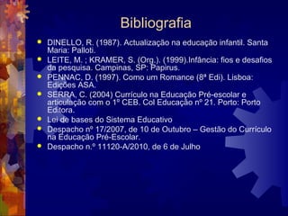 Bibliografia 
 DINELLO, R. (1987). Actualização na educação infantil. Santa 
Maria: Palloti. 
 LEITE, M. ; KRAMER, S. (Org.). (1999).Infância: fios e desafios 
da pesquisa. Campinas, SP: Papirus. 
 PENNAC, D. (1997). Como um Romance (8ª Edi). Lisboa: 
Edições ASA. 
 SERRA, C. (2004) Currículo na Educação Pré-escolar e 
articulação com o 1º CEB. Col Educação nº 21. Porto: Porto 
Editora. 
 Lei de bases do Sistema Educativo 
 Despacho nº 17/2007, de 10 de Outubro – Gestão do Currículo 
na Educação Pré-Escolar. 
 Despacho n.º 11120-A/2010, de 6 de Julho 
