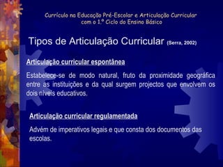 Currículo na Educação Pré-Escolar e Articulação Curricular  com o 1.º Ciclo do Ensino Básico Tipos de Articulação Curricular  (Serra, 2002) Articulação curricular espontânea Estabelece-se de modo natural, fruto da proximidade geográfica entre as instituições e da qual surgem projectos que envolvem os dois níveis educativos. Articulação curricular regulamentada Advém de imperativos legais e que consta dos documentos das escolas. 