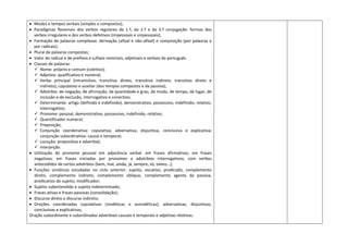  Modos e tempos verbais (simples e compostos);
 Paradigmas flexionais dos verbos regulares da 1.ª, da 2.ª e da 3.ª conjugação: formas dos
verbos irregulares e dos verbos defetivos (impessoais e unipessoais);
 Formação de palavras complexas: derivação (afixal e não-afixal) e composição (por palavras e
por radicais);
 Plural de palavras compostas;
 Valor do radical e de prefixos e sufixos nominais, adjetivais e verbais do português.
 Classes de palavras:
 Nome: próprio e comum (coletivo);
 Adjetivo: qualificativo e numeral;
 Verbo principal (intransitivo, transitivo direto, transitivo indireto, transitivo direto e
indireto), copulativo e auxiliar (dos tempos compostos e da passiva);
 Advérbio: de negação, de afirmação, de quantidade e grau, de modo, de tempo, de lugar, de
inclusão e de exclusão, interrogativo e conectivo;
 Determinante: artigo (definido e indefinido), demonstrativo, possessivo, indefinido, relativo,
interrogativo;
 Pronome: pessoal, demonstrativo, possessivo, indefinido, relativo;
 Quantificador numeral;
 Preposição;
 Conjunção coordenativa: copulativa, adversativa, disjuntiva, conclusiva e explicativa;
conjunção subordinativa: causal e temporal;
 Locução: prepositiva e adverbial;
 Interjeição.
 Utilização do pronome pessoal em adjacência verbal: em frases afirmativas; em frases
negativas; em frases iniciadas por pronomes e advérbios interrogativos; com verbos
antecedidos de certos advérbios (bem, mal, ainda, já, sempre, só, talvez…);
 Funções sintáticas estudadas no ciclo anterior: sujeito, vocativo, predicado, complemento
direto, complemento indireto, complemento oblíquo, complemento agente da passiva,
predicativo do sujeito, modificador;
 Sujeito subentendido e sujeito indeterminado;
 Frases ativas e frases passivas (consolidação);
 Discurso direto e discurso indireto;
 Orações coordenadas copulativas (sindéticas e assindéticas), adversativas, disjuntivas,
conclusivas e explicativas;
Oração subordinante e subordinadas adverbiais causais e temporais e adjetivas relativas.
 