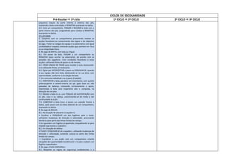 CICLOS DE ESCOLARIDADE
Pré-Escolar  1º ciclo 1º CICLO  2º CICLO 2º CICLO  3º CICLO
pequenos toques da parte interna e externa dos pés,
mantendo a bola controlada, e REMATAR acertando na baliza.
4.2. Com um companheiro, PASSAR E RECEBER a bola com a
parte interna dos pés, progredindo para a baliza e REMATAR,
acertando na baliza.
3º e 4º ANOS
5. Cooperar com os companheiros procurando realizar as
acções favoráveis ao cumprimento das regras e do objectivo
do jogo. Tratar os colegas de equipa e os adversários com igual
cordialidade e respeito, evitando acções que ponham em risco
a sua integridade física.
6. No jogo do MATA, com bola ou ringue:
6.1. Em posse da bola, PASSAR a um companheiro ou
REMATAR (para acertar no adversário), de acordo com as
posições dos jogadores. Criar condições favoráveis a estas
acções, utilizando fintas de passe ou de remate.
6.2. CRIAR LINHAS DE PASSE para receber a bola deslocando-
se e utilizando fintas, se necessário.
6.3. Optar por INTERCEPTAR o passe ou ESQUIVAR-SE, quando
a sua equipa não tem bola, deslocando-se na sua área, com
oportunidade, conforme a circulação da bola.
7. Em concurso individual e ou a pares (Futebol):
7.1. PONTAPEAR a bola, parada e em movimento, com a parte
anterosuperior e antero-interna do pé, após duas ou três
passadas de balanço, colocando correctamente o apoio,
imprimindo à bola uma trajectória alta e comprida, na
direcção de um alvo.
7.2. Manter a bola no ar, com TOQUES DE SUSTENTAÇÃO com
os pés, coxa e ou cabeça, posicionando-se de modo a dar
continuidade à acção.
7.3. CABECEAR a bola (com a testa), em posição frontal à
baliza, após passe com as mãos (lateral) de um companheiro,
acertando na baliza.
8. No jogo da ROLHA:
8.1. Na situação de atacante («caçador»):
• Escolher e PERSEGUIR um dos fugitivos para o tocar,
utilizando mudanças de direcção e velocidade, procurando
desviá-lo para perto das linhas limites do campo;
• Ao «guardar» um fugitivo já apanhado, enquadrando-se para
impedir que outros o «salvem».
8.2. Em situação de defesa:
• FUGIR E ESQUIVAR-SE do «caçador», utilizando mudanças de
direcção e velocidade, evitando colocar-se perto das linhas
limites do campo;
• Coordenar a sua acção com um companheiro criando
situações de superioridade numérica (2 × 1) para «salvar» um
fugitivo «apanhado».
9. No jogo «PUXA-EMPURRA»:
9.1. Respeitar as regras de segurança estabelecidas e a
 