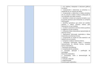 – Ler, explorar, interpretar e descrever gráficos
circulares.
– Compreender e determinar os extremos e a
amplitude de um conjunto de dados.
– Compreender e determinar a média aritmética
de um conjunto e dados e indicar a adequação da
sua utilização num dado contexto.
– Identificar a moda num conjunto de dados e usá-
la quando oportuno para interpretar ou comparar
informações.
- Identificar grandezas que variam em sentidos
opostos e utilizar números inteiros para
representar as suas medidas.
– Localizar e posicionar números inteiros positivos
e negativos na reta numérica.
– Interpretar ideias matemáticas representadas de
diversas formas.
– Representar informação matemática e ideias
matemáticas de diversas formas.
– Compreender as noções de valor absoluto e de
simétrico de um número.
– Comparar e ordenar números inteiros.
– Interpretar informação, ideias e contextos
representados de diversas formas, incluindo
textos matemáticos.
- Resolução de problemas
• Compreensão do problema
• Conceção, aplicação e justificação de
estratégias
Raciocínio matemático
• Formulação, teste e demonstração de
conjeturas
• Indução e dedução
• Argumentação
Comunicação matemática
 