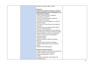 12
completa, a questões sobre os textos.
GRAMÁTICA
Conhecer propriedades das palavras e explicitar
aspetos fundamentais da sua morfologia e do seu
comportamento sintático.
- Formar o plural dos nomes e adjetivos
terminados em consoante.
- Formar o feminino de nomes e adjetivos
terminados em consoante.
- Identificar os graus dos adjetivos e proceder a
alterações de grau.
- Fazer variar os nomes em grau (aumentativo e
diminutivo).
- Identificar pronomes pessoais (forma átona),
possessivos e demonstrativos.
- Conjugar verbos regulares e verbos irregulares
muito frequentes no indicativo (pretérito perfeito,
pretérito imperfeito e futuro) e no imperativo.
- Substituir nomes pelos correspondentes
pronomes pessoais.
- Identificar radicais.
- Identificar prefixos e sufixos de utilização
frequente.
- Distinguir palavras simples e complexas.
- Produzir novas palavras a partir de sufixos e
prefixos.
- Organizar famílias de palavras.
Reconhecer classes de palavras.
- Integrar as palavras nas classes a que pertencem:
a) nome: próprio e comum (coletivo);
b) adjetivo: qualificativo e numeral;
c) verbo;
d) advérbio: de negação, de afirmação e de
quantidade e grau;
 