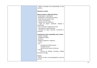 15
- adição e subtração com representação na reta
numérica.
GEOMETRIA E MEDIDA
Figuras no plano e sólidos geométricos
- propriedades e classificação;
- planificação e construção de modelos;
- noção de aresta, vértice e face;
- círculo e circunferência;
- relação entre raio e diâmetro;
- noção de ângulo: amplitude, medição e
classificação;
- retas, semirretas e segmentos de reta;
- retas paralelas e perpendiculares;
- utilização da régua, esquadro, transferidor e
compasso.
Comprimento, massa, capacidade, área e volume
- medida e medição;
- unidades de medida,
- perímetro
- polígonos regulares e irregulares;
- círculo ;
- área
-equivalência de figuras planas;
-unidades de área;
-cálculo da área a partir da fórmula;
- reflexão
-simetria de reflexão, translação, reflexão
deslizante e rotação.
Volume
- volume do cubo e do paralelepípedo a partir da
fórmula.
 