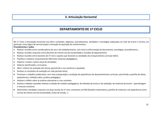 25
II. Articulação Horizontal
DEPARTAMENTO DE 1º CICLO
No 1.º Ciclo a articulação horizontal visa aferir conteúdos, objetivos, procedimentos, atividades e estratégias adequadas ao nível de ensino e turmas, em
particular numa lógica de harmonização e interação da aquisição de conhecimentos.
Procedimentos / ações:
 Realizar reuniões entre coordenadores de ano e de estabelecimento, com vista à uniformização de documentos, estratégias, procedimentos...
 Realizar reuniões conjuntas entre docentes do mesmo ano de escolaridade e reuniões de departamento:
 Realizar reuniões entre docentes do 1º ciclo e aqueles que lecionam as atividades de enriquecimento curricular (AEC);
 Planificar e elaborar conjuntamente diferentes materiais pedagógicos;
 Elaborar e avaliar o plano anual de atividades;
 Elaborar planificações curriculares;
 Aferir critérios de avaliação dos alunos, garantindo a sua coerência e equidade;
 Analisar os resultados de avaliação em cada período letivo;
 Promover o trabalho colaborativo, com vista à preparação e condução de experiências de desenvolvimento curricular, permitindo a partilha de ideias,
experiências e reflexão sobre a prática pedagógica.
 Analisar e refletir sobre as práticas educativas e o seu contexto;
 Analisar e debater questões relativas à adoção de modelos pedagógicos, de métodos de ensino e de avaliação, de materiais de ensino - aprendizagem
e manuais escolares;
 Desenvolver atividades conjuntas nas duas escolas do 1º ciclo, constantes no PAA (Desafios matemáticos; partilha de materiais e de experiências entre
turmas do mesmo ano de escolaridade; visitas de estudo…).

 