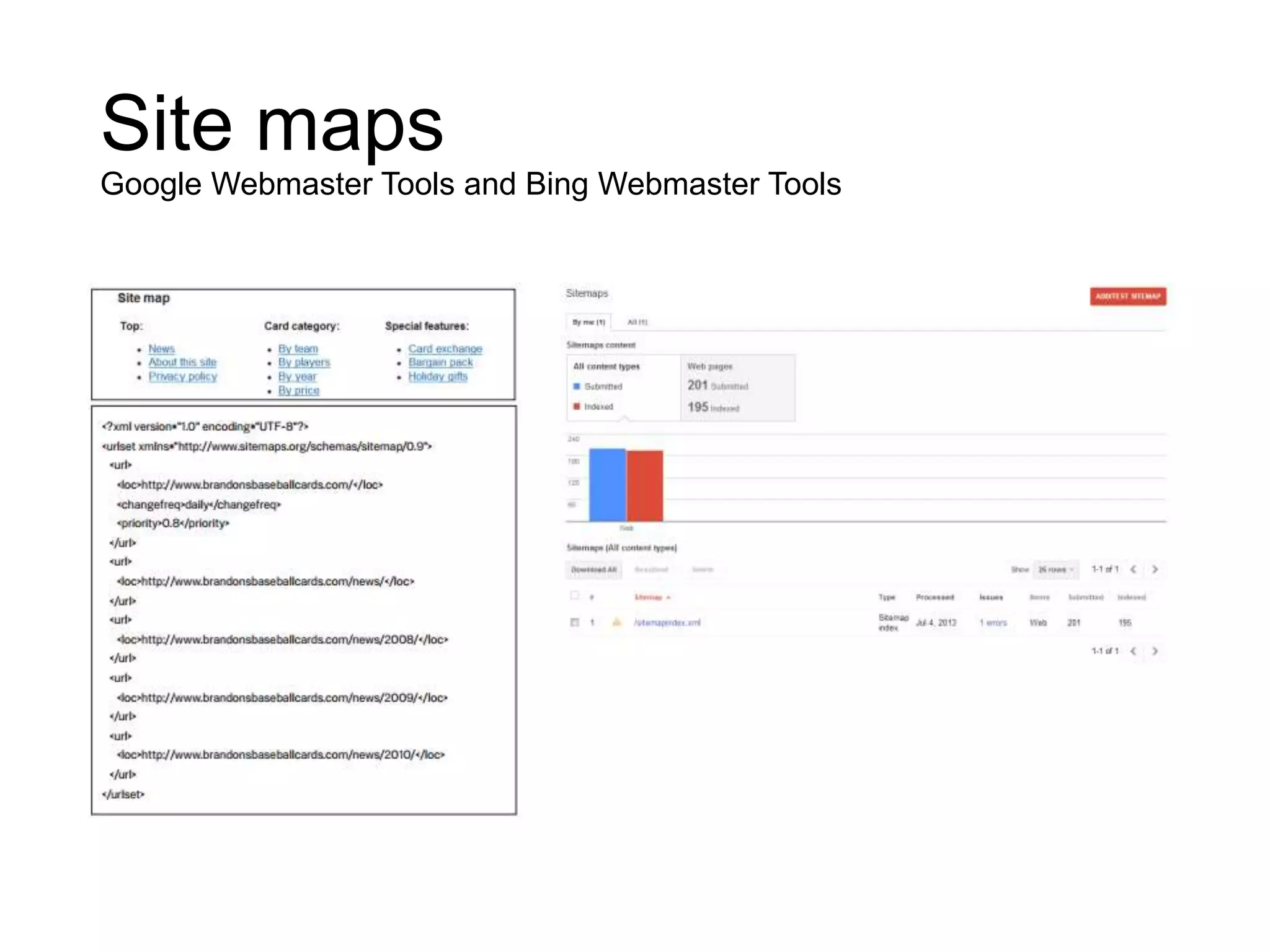 Site maps
Google Webmaster Tools and Bing Webmaster Tools
 