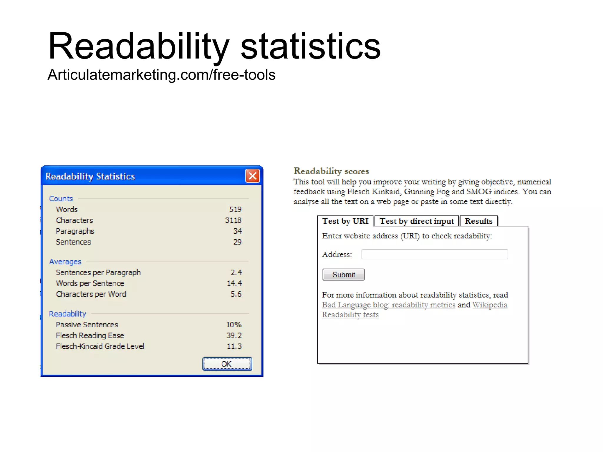 Readability statistics
Articulatemarketing.com/free-tools
 