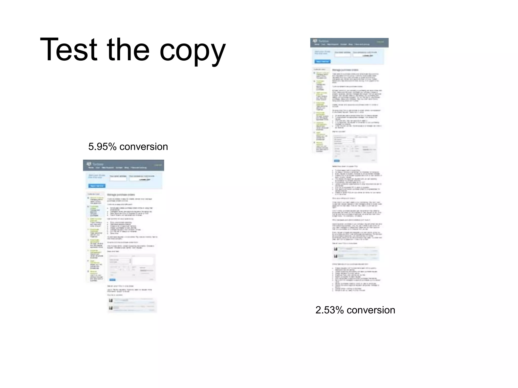 Test the copy
5.95% conversion
2.53% conversion
 