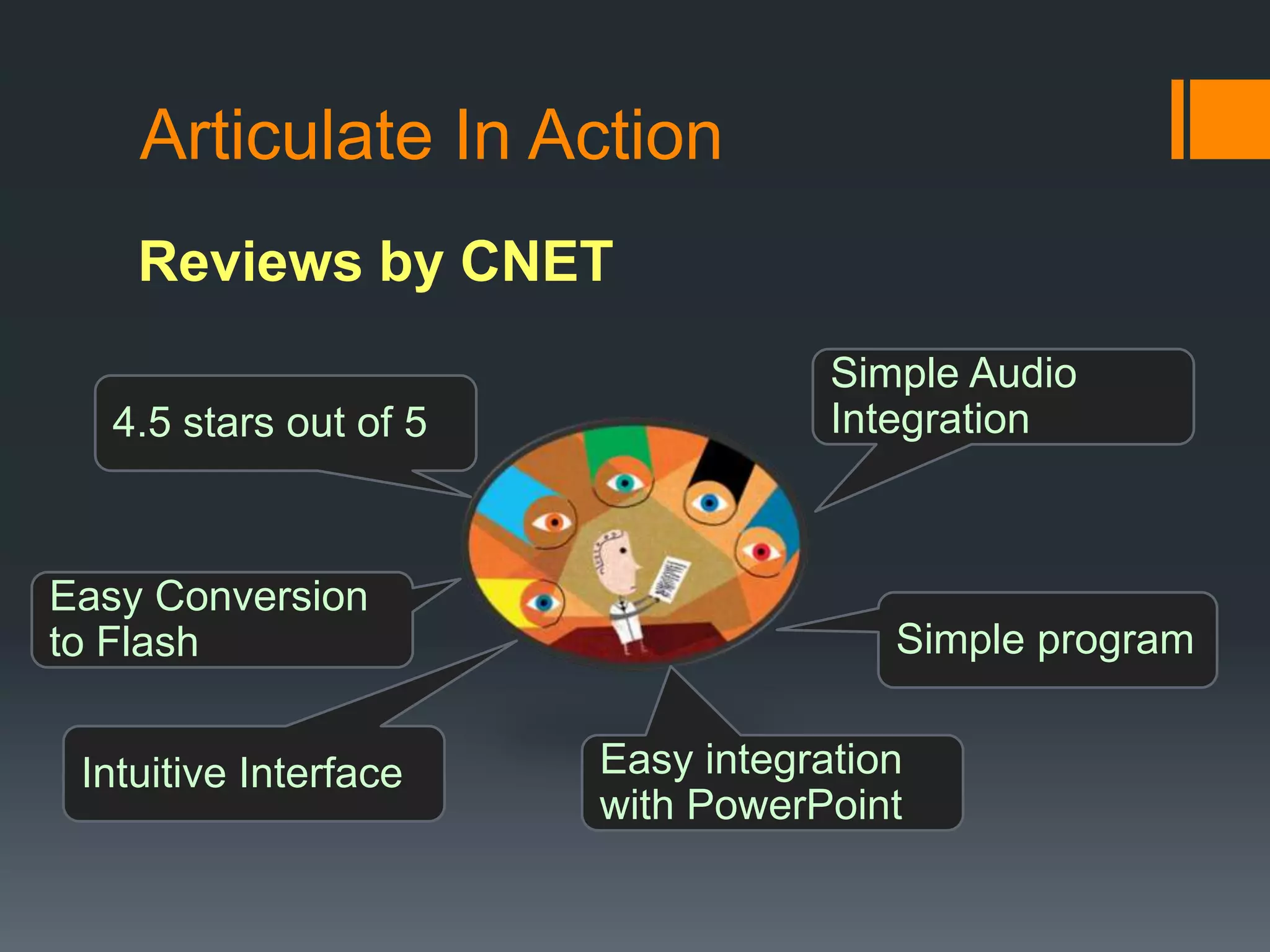 Articulate In Action
    Reviews by CNET
                                   Simple Audio
  4.5 stars out of 5               Integration



Easy Conversion
to Flash                              Simple program


 Intuitive Interface   Easy integration
                       with PowerPoint
 