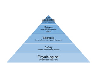 Self-
actualisation
Achieving potential
Esteem
(Self-esteem and from
others)
Belonging
(Love, affection, being part of groups)
Safety
(Shelter, removal from danger)
Physiological
(Health, food, sleep, sex)
 