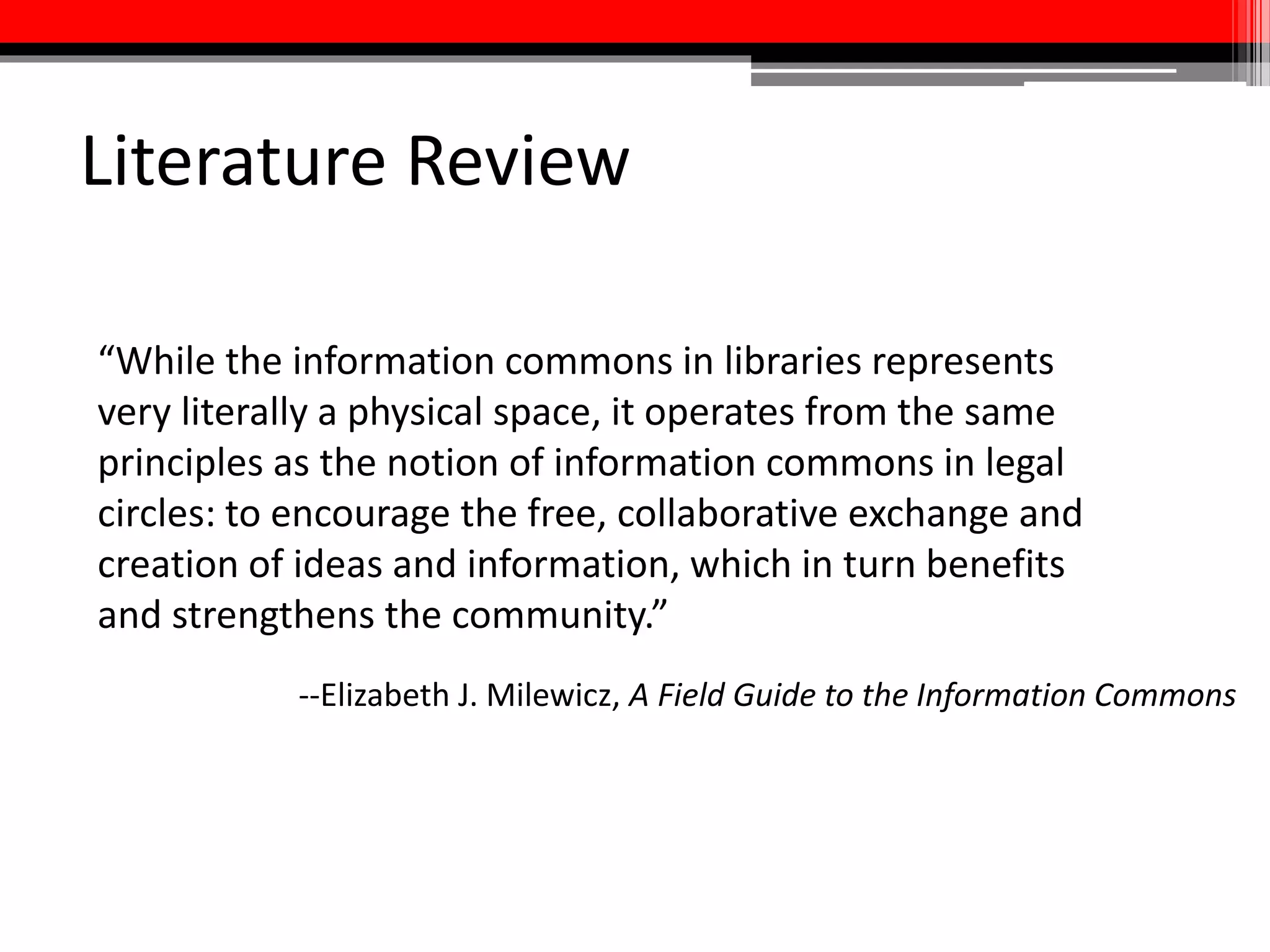 External Model Interviews
Main Takeaways:
• 2 major approaches: either build a media commons
from scratch or adapt an existing space
• Either way the space will evolve
• Focus on services, not technology
• Low-barrier = better
 