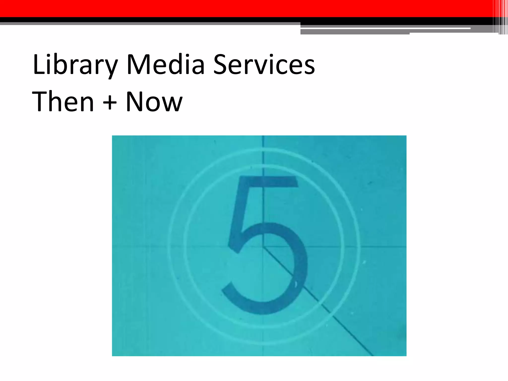 Library Media Services
Then + Now
Nonprint Media Services, one of the first
video-centric media centers in any research
institution, opens
1973 2001
University of Maryland creates one of
North America’s first academic Video On
Demand services
2013
Name changed to Library Media Services +
creation of Media Commons Task Force
1971
Sony releases first ¾” videocassette
 