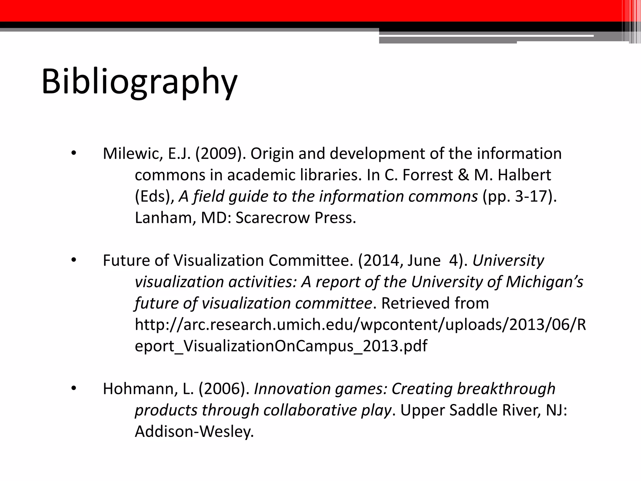 Contact
Andrew Horbal
Media Resources Librarian
0300 Hornbake Library
University of Maryland
College Park, MD 20742
(301) 405-9227
ahorbal@umd.edu
http://www.slideshare.net/horbal125/articulating-a-vision-for-a-media-
commons-at-the-university-of-maryland
 