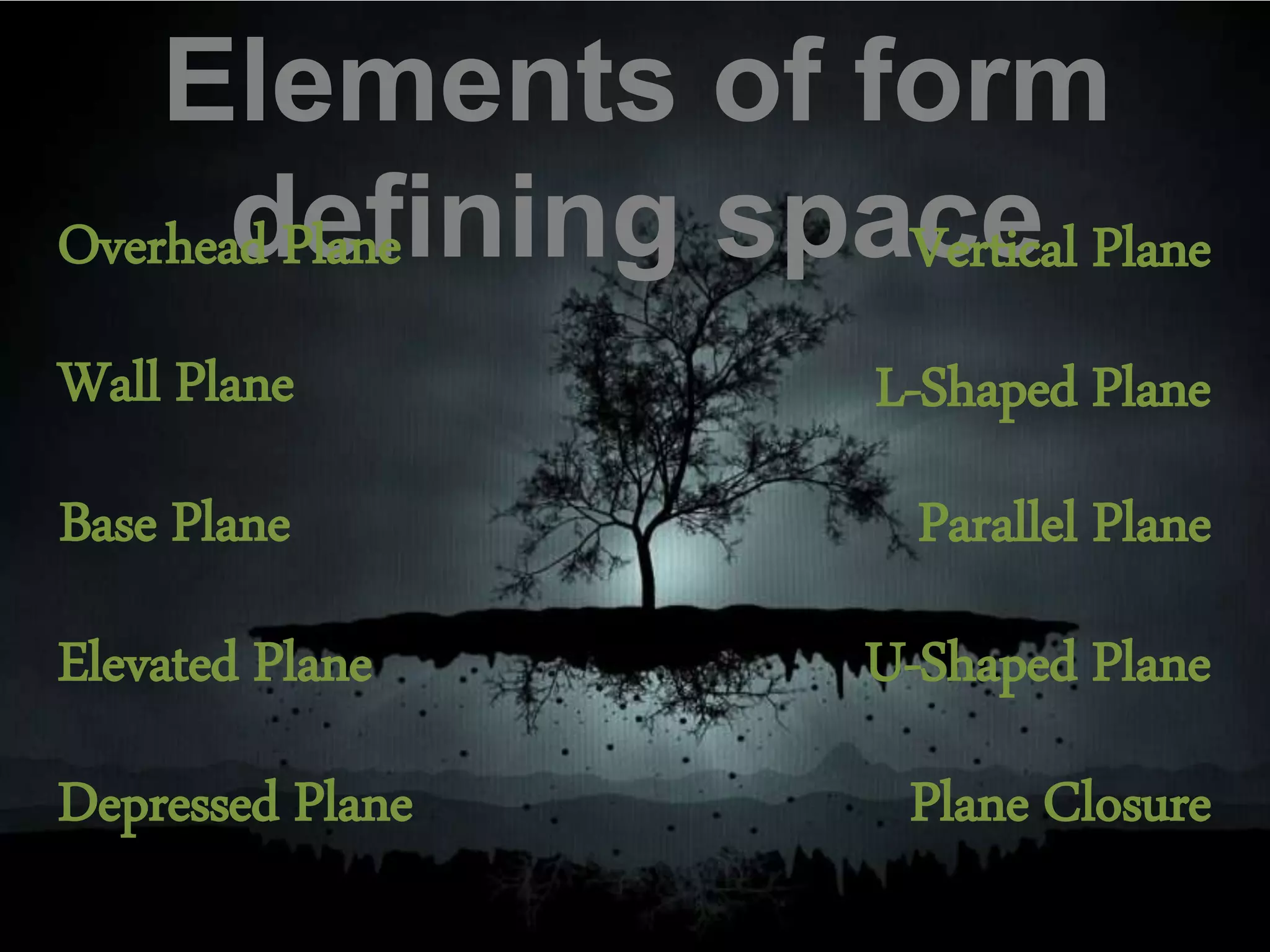 Elements of form
defining spaceOverhead Plane
Wall Plane
Base Plane
Elevated Plane
Depressed Plane
Vertical Plane
L-Shaped Plane
Parallel Plane
U-Shaped Plane
Plane Closure
 