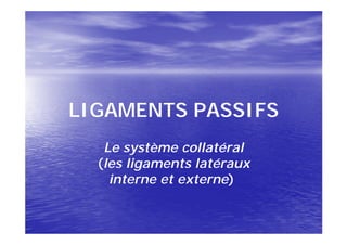 LIGAMENTS PASSIFS
   Le système collatéral
  (les ligaments latéraux
    interne et externe)
               externe)
 