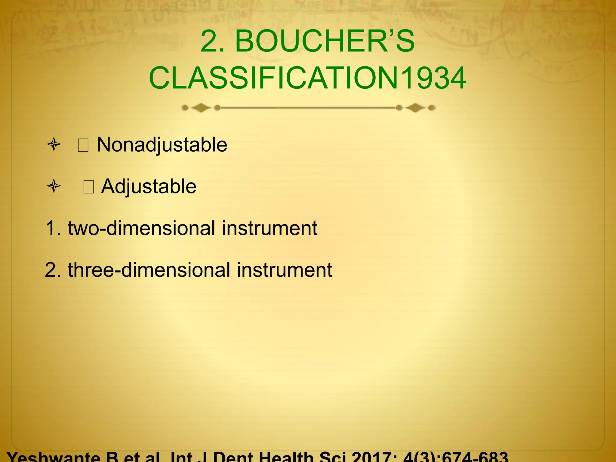 2. BOUCHER’S
CLASSIFICATION1934
 Nonadjustable
 Adjustable
1. two-dimensional instrument
2. three-dimensional instrument
 