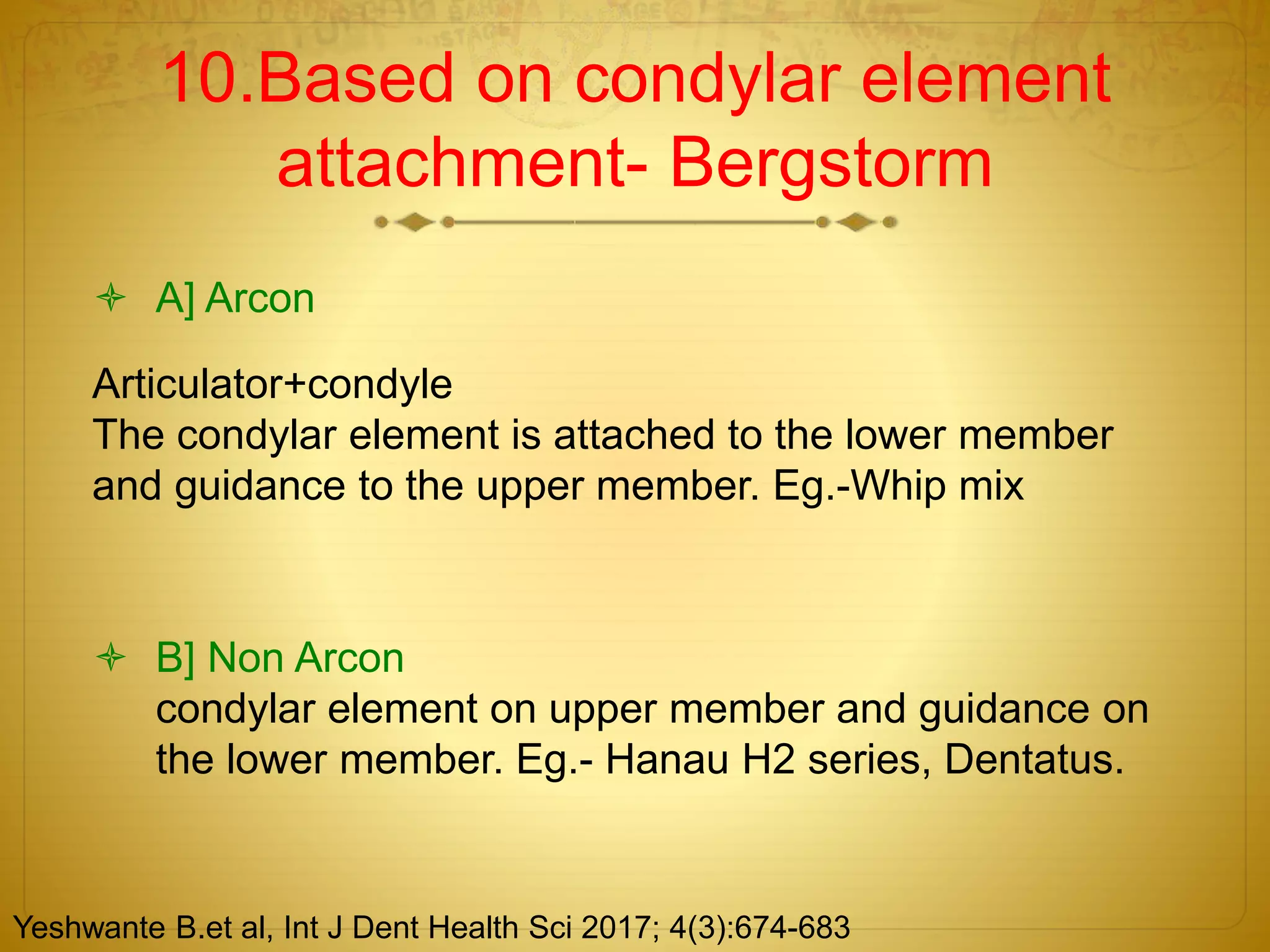 10.Based on condylar element
attachment- Bergstorm
 A] Arcon
Articulator+condyle
The condylar element is attached to the lower member
and guidance to the upper member. Eg.-Whip mix
 B] Non Arcon
condylar element on upper member and guidance on
the lower member. Eg.- Hanau H2 series, Dentatus.
Yeshwante B.et al, Int J Dent Health Sci 2017; 4(3):674-683
 