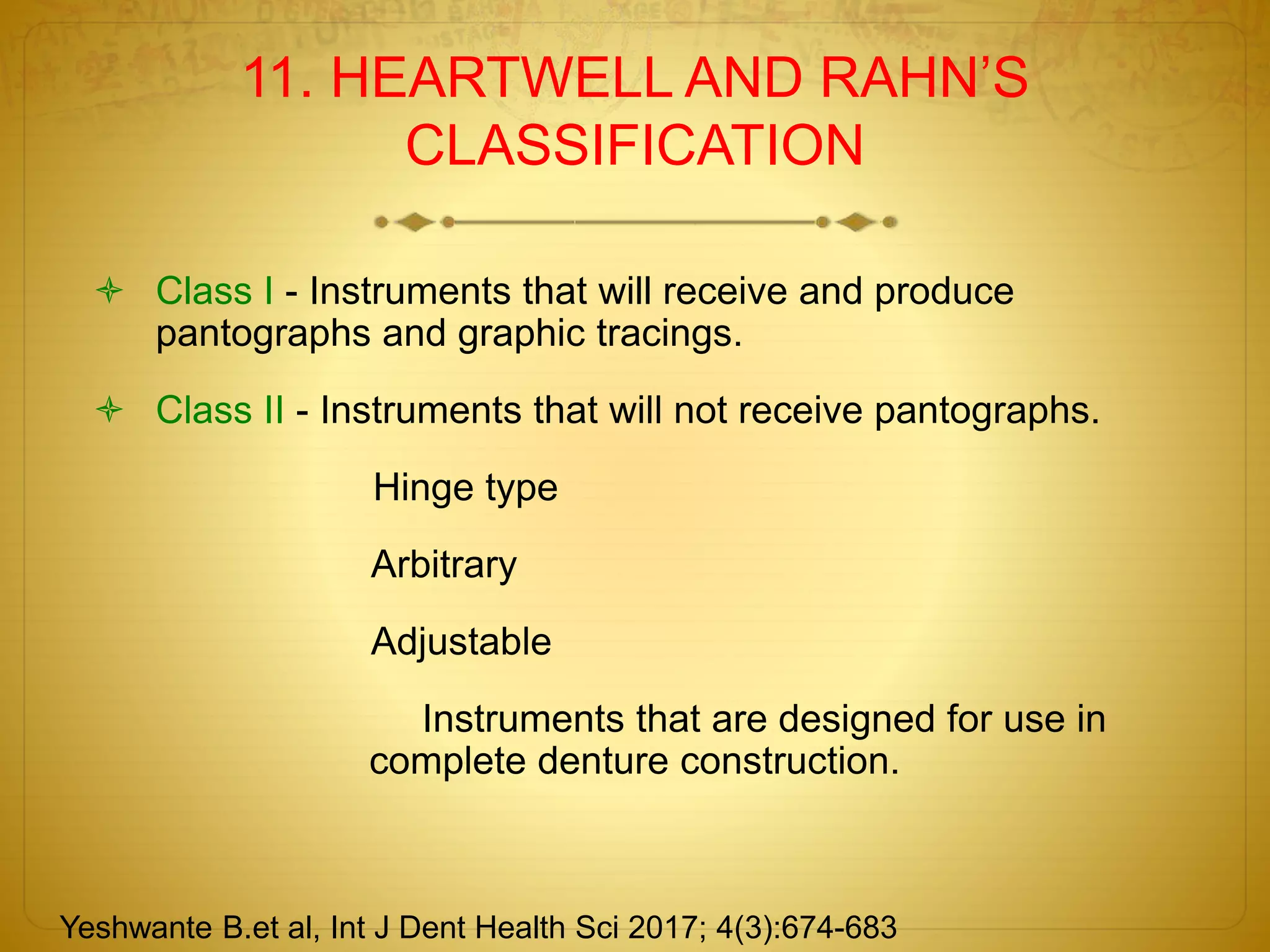11. HEARTWELL AND RAHN’S
CLASSIFICATION
 Class I - Instruments that will receive and produce
pantographs and graphic tracings.
 Class II - Instruments that will not receive pantographs.
Hinge type
Arbitrary
Adjustable
Instruments that are designed for use in
complete denture construction.
Yeshwante B.et al, Int J Dent Health Sci 2017; 4(3):674-683
 