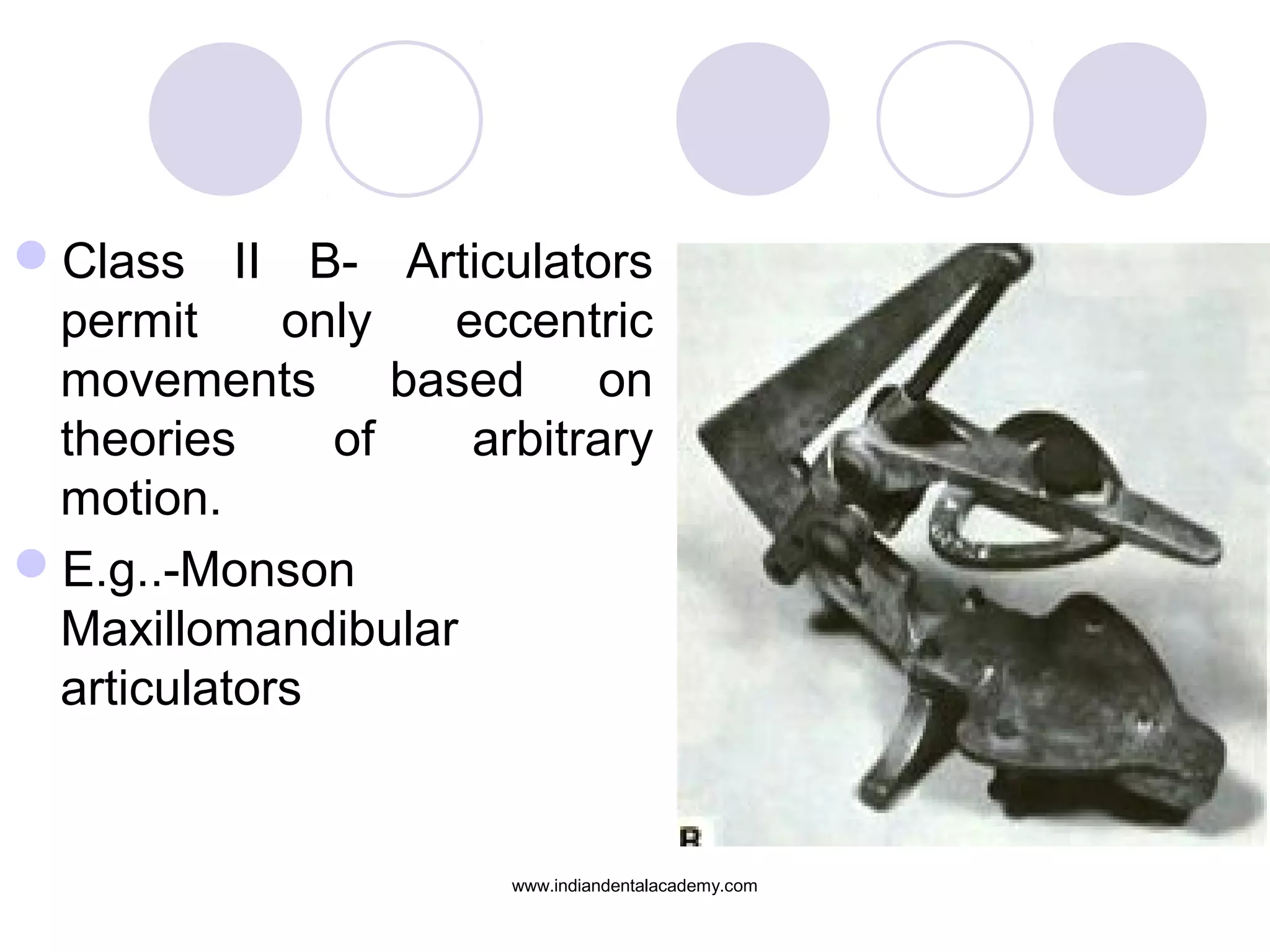 Class II B- Articulators
permit
only
eccentric
movements based on
theories
of
arbitrary
motion.
E.g..-Monson
Maxillomandibular
articulators

www.indiandentalacademy.com

 