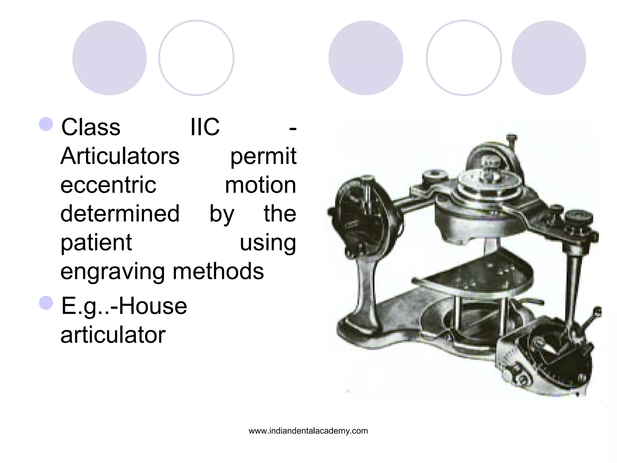 Class
IIC
Articulators
permit
eccentric
motion
determined by the
patient
using
engraving methods
E.g..-House
articulator

www.indiandentalacademy.com

 
