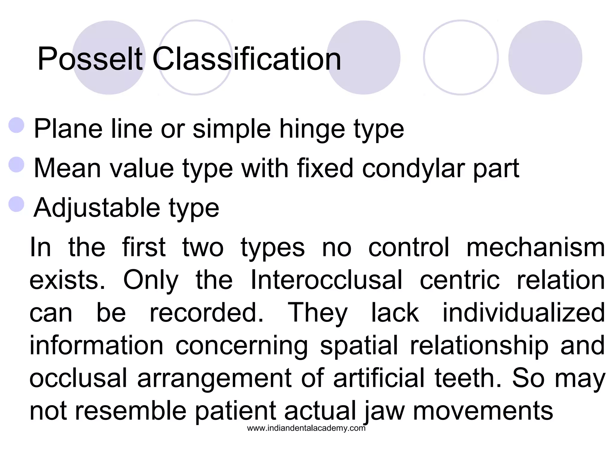 Posselt Classification
Plane line or simple hinge type
Mean value type with fixed condylar part
Adjustable type
In the first two types no control mechanism
exists. Only the Interocclusal centric relation
can be recorded. They lack individualized
information concerning spatial relationship and
occlusal arrangement of artificial teeth. So may
not resemble patient actual jaw movements
www.indiandentalacademy.com

 