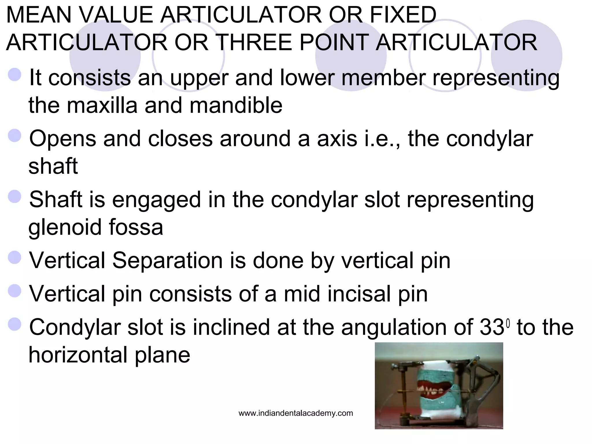 MEAN VALUE ARTICULATOR OR FIXED
ARTICULATOR OR THREE POINT ARTICULATOR
It consists an upper and lower member representing
the maxilla and mandible
Opens and closes around a axis i.e., the condylar
shaft
Shaft is engaged in the condylar slot representing
glenoid fossa
Vertical Separation is done by vertical pin
Vertical pin consists of a mid incisal pin
Condylar slot is inclined at the angulation of 33 0 to the
horizontal plane
www.indiandentalacademy.com

 