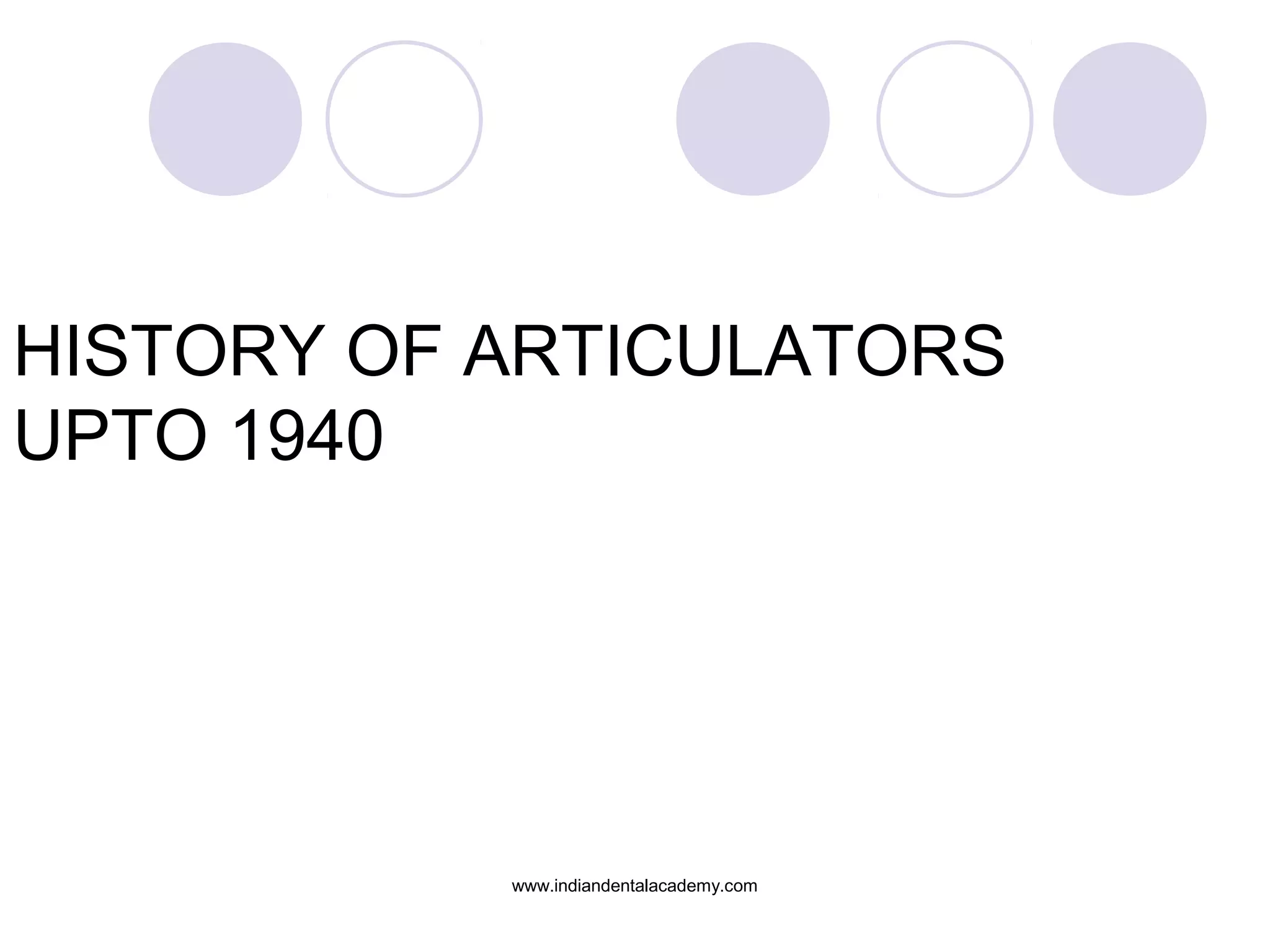 HISTORY OF ARTICULATORS
UPTO 1940

www.indiandentalacademy.com

 