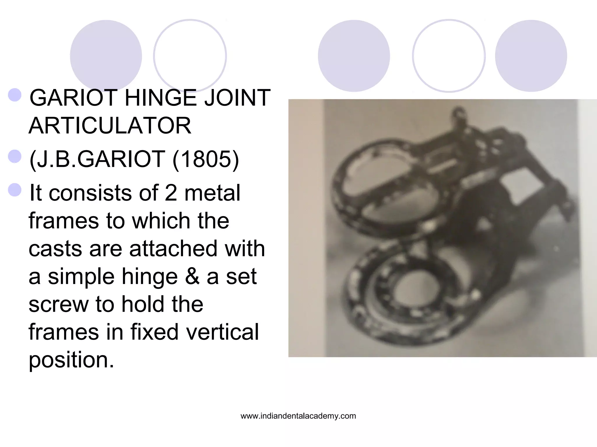 GARIOT HINGE JOINT
ARTICULATOR
(J.B.GARIOT (1805)
It consists of 2 metal
frames to which the
casts are attached with
a simple hinge & a set
screw to hold the
frames in fixed vertical
position.
www.indiandentalacademy.com

 