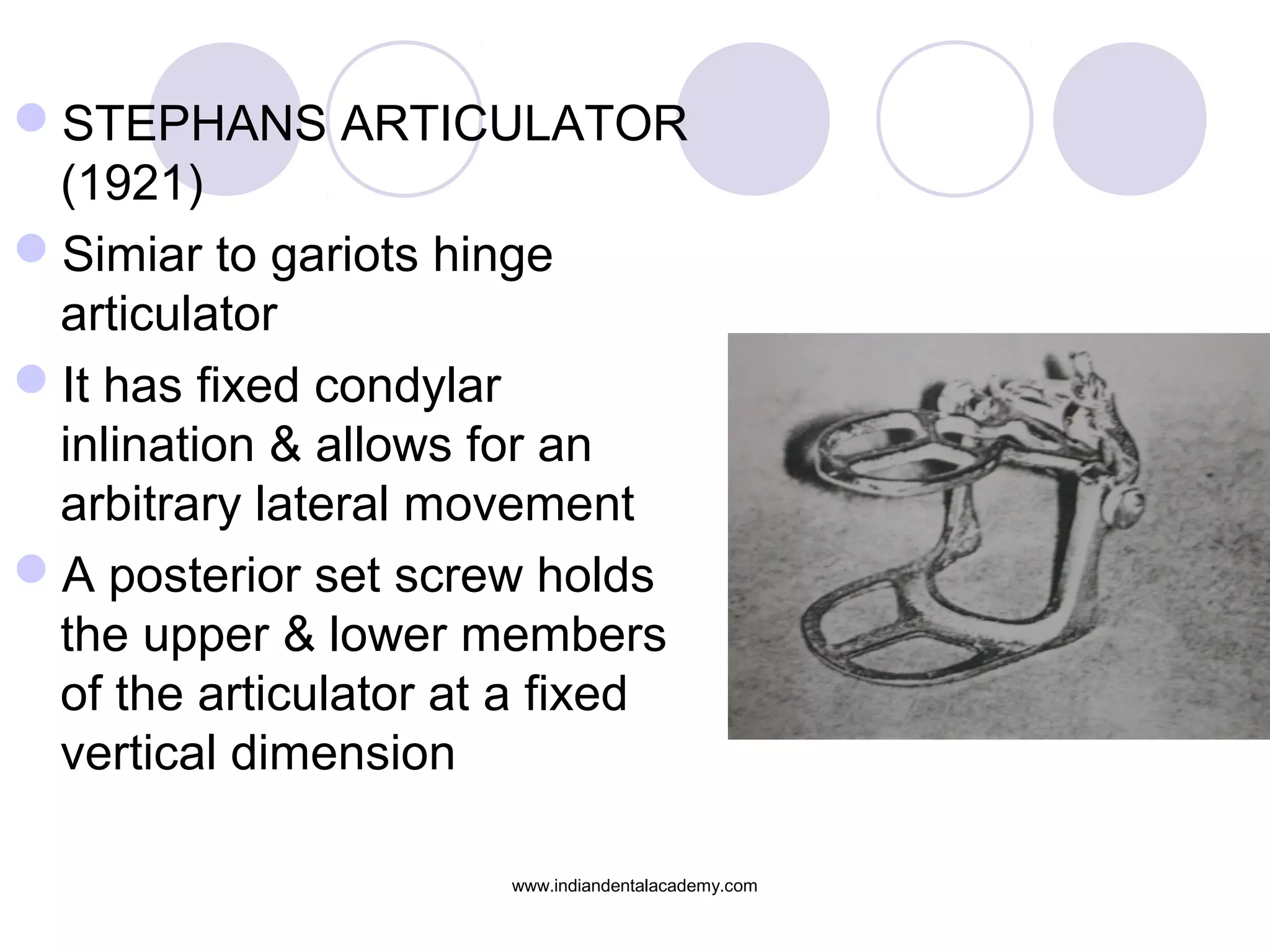 STEPHANS ARTICULATOR
(1921)
Simiar to gariots hinge
articulator
It has fixed condylar
inlination & allows for an
arbitrary lateral movement
A posterior set screw holds
the upper & lower members
of the articulator at a fixed
vertical dimension
www.indiandentalacademy.com

 