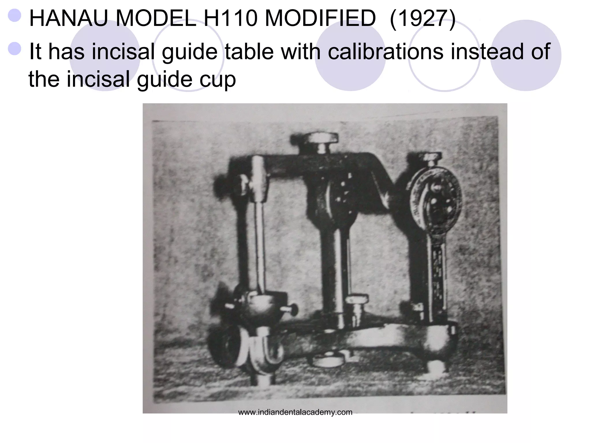 HANAU MODEL H110 MODIFIED (1927)
It has incisal guide table with calibrations instead of
the incisal guide cup

www.indiandentalacademy.com

 