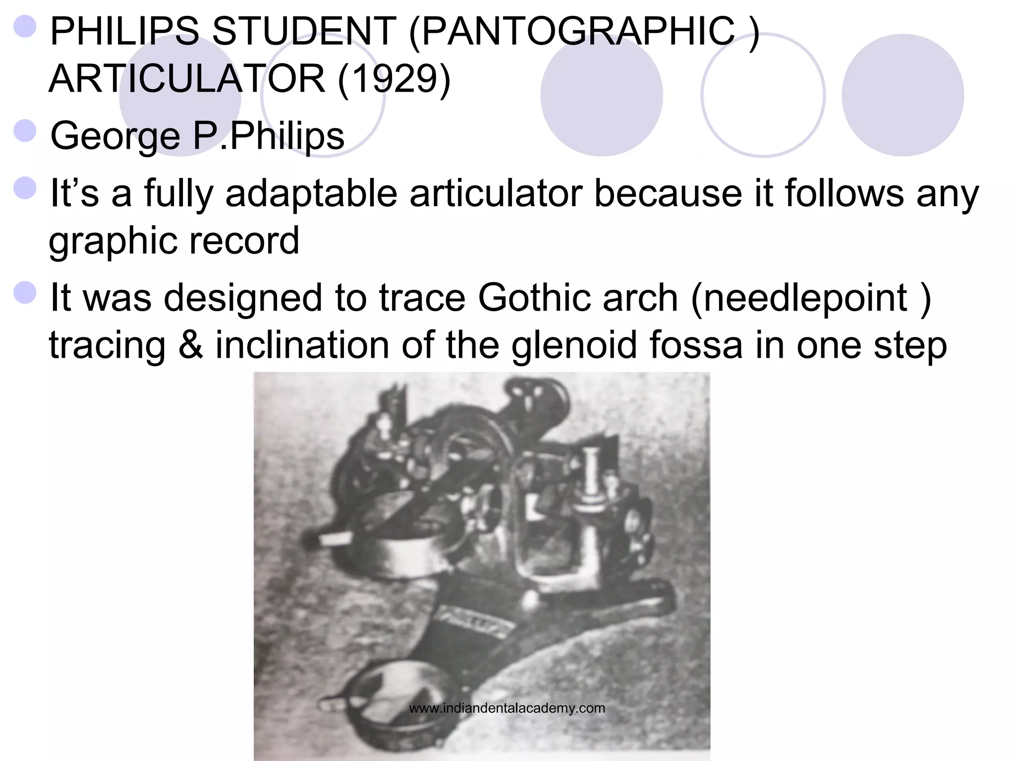 PHILIPS STUDENT (PANTOGRAPHIC )
ARTICULATOR (1929)
George P.Philips
It’s a fully adaptable articulator because it follows any
graphic record
It was designed to trace Gothic arch (needlepoint )
tracing & inclination of the glenoid fossa in one step

www.indiandentalacademy.com

 
