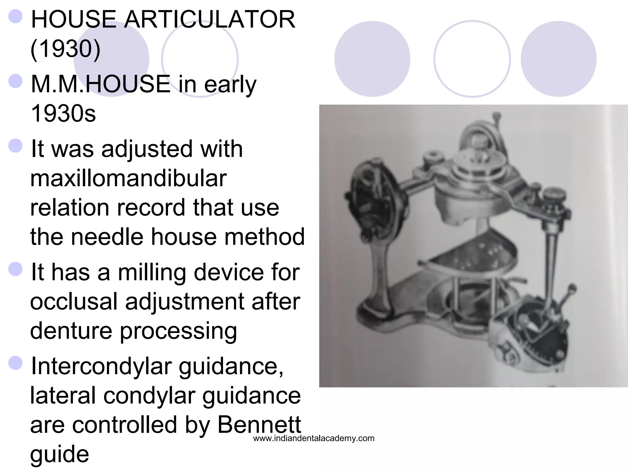 HOUSE ARTICULATOR
(1930)
M.M.HOUSE in early
1930s
It was adjusted with
maxillomandibular
relation record that use
the needle house method
It has a milling device for
occlusal adjustment after
denture processing
Intercondylar guidance,
lateral condylar guidance
are controlled by Bennett
guide

www.indiandentalacademy.com

 