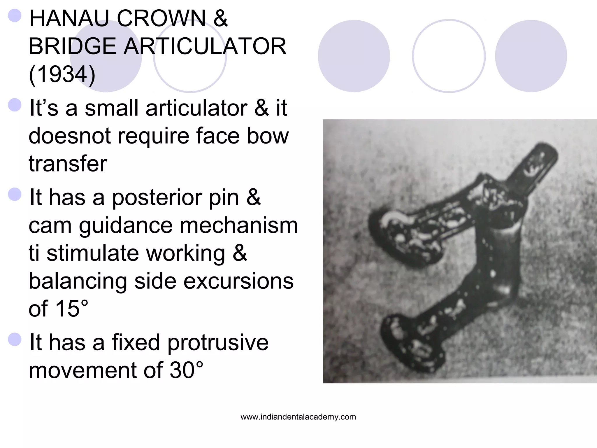 HANAU CROWN &
BRIDGE ARTICULATOR
(1934)
It’s a small articulator & it
doesnot require face bow
transfer
It has a posterior pin &
cam guidance mechanism
ti stimulate working &
balancing side excursions
of 15°
It has a fixed protrusive
movement of 30°
www.indiandentalacademy.com

 