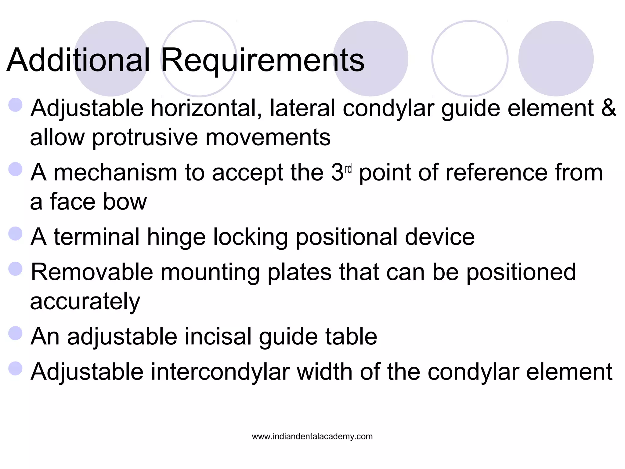 Additional Requirements
Adjustable horizontal, lateral condylar guide element &
allow protrusive movements
A mechanism to accept the 3rd point of reference from
a face bow
A terminal hinge locking positional device
Removable mounting plates that can be positioned
accurately
An adjustable incisal guide table
Adjustable intercondylar width of the condylar element
www.indiandentalacademy.com

 