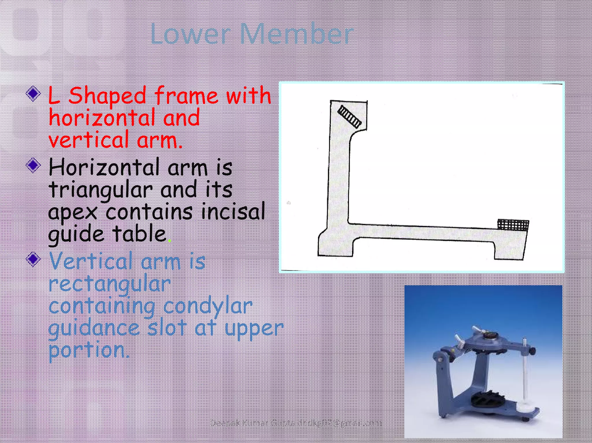 LLoowweerr MMeemmbbeerr 
L Shaped frame with 
horizontal and 
vertical arm. 
Horizontal arm is 
triangular and its 
apex contains incisal 
guide table. 
Vertical arm is 
rectangular 
containing condylar 
guidance slot at upper 
portion. 
Deepak Kumar Gupta dr.dkg07@gmail.com 
 