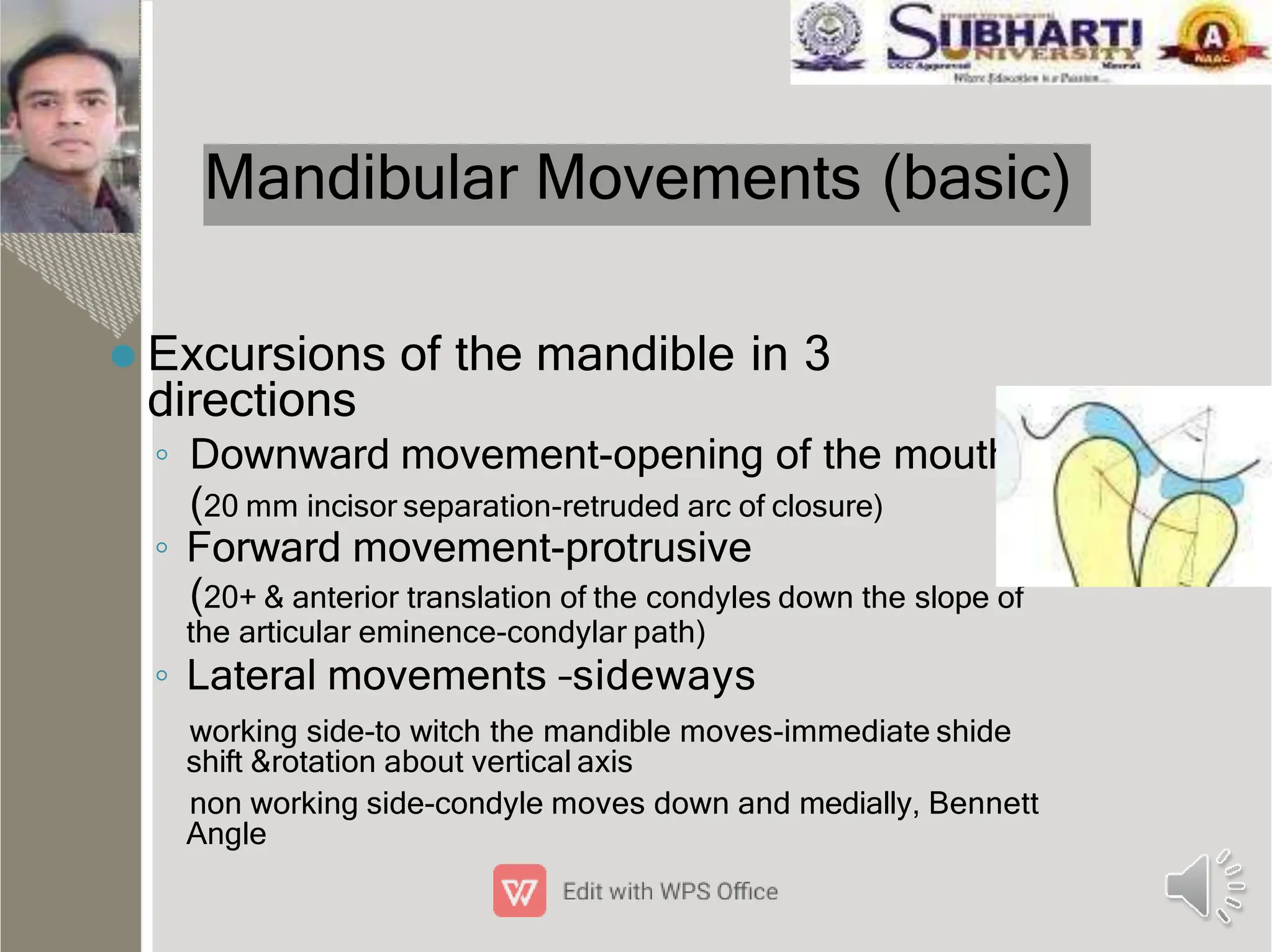 Mandibular Movements (basic)
 Excursions of the mandible in 3
directions
◦ Downward movement-opening of the mouth
(20 mm incisor separation-retruded arc of closure)
◦ Forward movement-protrusive
(20+ & anterior translation of the condyles down the slope of
the articular eminence-condylar path)
◦ Lateral movements –sideways
working side-to witch the mandible moves-immediate shide
shift &rotation about vertical axis
non working side-condyle moves down and medially, Bennett
Angle
 