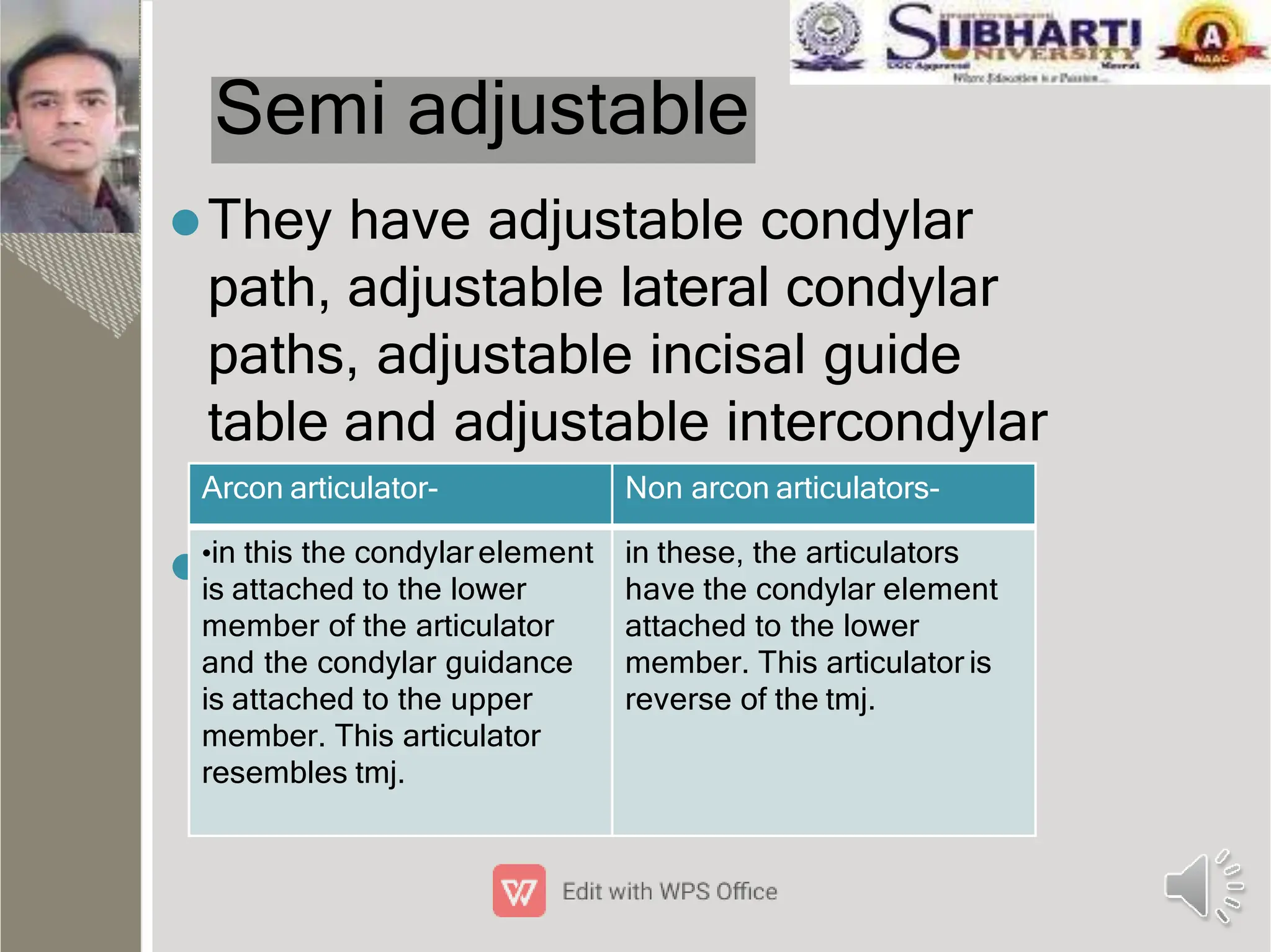 Semi adjustable
They have adjustable condylar
path, adjustable lateral condylar
paths, adjustable incisal guide
table and adjustable intercondylar
distances.
Two types:
Arcon articulator- Non arcon articulators-
•in this the condylar element
is attached to the lower
member of the articulator
and the condylar guidance
is attached to the upper
member. This articulator
resembles tmj.
in these, the articulators
have the condylar element
attached to the lower
member. This articulator is
reverse of the tmj.
 