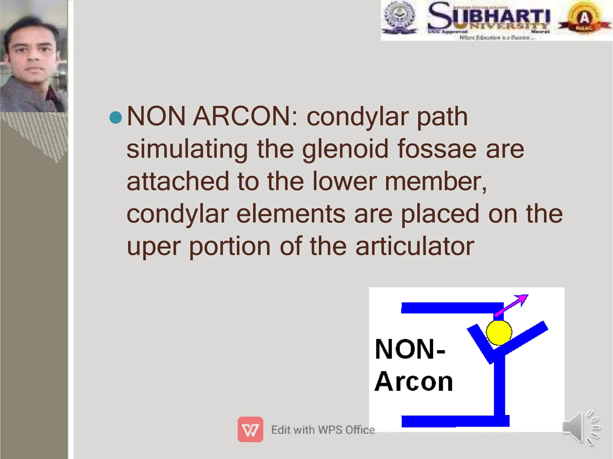 NON ARCON: condylar path
simulating the glenoid fossae are
attached to the lower member,
condylar elements are placed on the
uper portion of the articulator
 