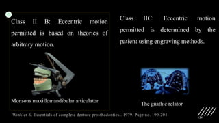 124
Class II B: Eccentric motion
permitted is based on theories of
arbitrary motion.
Monsons maxillomandibular articulator
Class IIC: Eccentric motion
permitted is determined by the
patient using engraving methods.
The gnathic relator
Winkler S. Essentials of complete denture prosthodontics.. 1979. Page no. 190-204
 