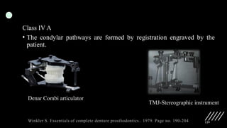129
Class IV A
• The condylar pathways are formed by registration engraved by the
patient.
Denar Combi articulator
TMJ-Stereographic instrument
 