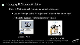 138
• Category II: Virtual articulators
Class 1: Mathematically simulated virtual articulators
• Use an average value for adjustment of additional articulator
settings to reproduce mandibular movements
Ceramill-Artex
Ivoclar-Stratos 300
 