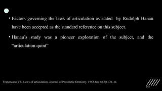 155
• Factors governing the laws of articulation as stated by Rudolph Hanau
have been accepted as the standard reference on this subject.
• Hanau’s study was a pioneer exploration of the subject, and the
“articulation quint”
Trapozzano VR. Laws of articulation. Journal of Prosthetic Dentistry. 1963 Jan 1;13(1):34-44.
 