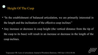 165
Height Of The Cusp
• “In the establishment of balanced articulation, we are primarily interested in
the length and the inclination of the effective cusp inclines’’
• Any increase or decrease in cusp height (the vertical distance from the tip of
the cusp to its base) will result in an increase or decrease in the length of the
cusp inclines.
 