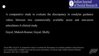 177
A comparative study to evaluate the discrepancy in condylar guidance
values between two commercially available arcon and non-arcon
articulators A clinical study
Goyal, Mukesh Kumar; Goyal, Shelly
Goyal MK, Goyal S. A comparative study to evaluate the discrepancy in condylar guidance values between
two commercially available arcon and non-arcon articulators: A clinical study. Indian Journal of Dental
Research. 2011 Nov 1;22(6):880.
 