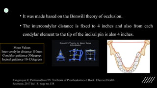 • It was made based on the Bonwill theory of occlusion.
• The intercondylar distance is fixed to 4 inches and also from each
condylar element to the tip of the incisal pin is also 4 inches.
Mean Values
Inter condylar distance 110mm
Condylar guidance 30degrees
Incisal guidance 10-15degrees
 
