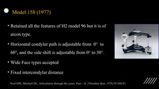 Model 158 (1977)
• Retained all the features of H2 model 96 but it is of
arcon type.
• Horizontal condylar path is adjustable from 0° to
60°, and the side shift is adjustable from 0° to 30°.
• Wide Face types accepted
• Fixed intercondylar distance
Noel DW, Mitchell DL. Articulators through the years: Part—II. J Prosthet dent. 1978;39:168-81.
 