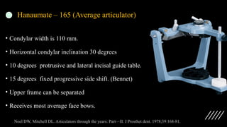 Hanaumate – 165 (Average articulator)
• Condylar width is 110 mm.
• Horizontal condylar inclination 30 degrees
• 10 degrees protrusive and lateral incisal guide table.
• 15 degrees fixed progressive side shift. (Bennet)
• Upper frame can be separated
• Receives most average face bows.
Noel DW, Mitchell DL. Articulators through the years: Part—II. J Prosthet dent. 1978;39:168-81.
 