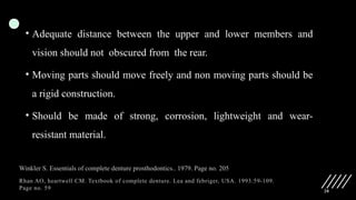 20
• Adequate distance between the upper and lower members and
vision should not obscured from the rear.
• Moving parts should move freely and non moving parts should be
a rigid construction.
• Should be made of strong, corrosion, lightweight and wear-
resistant material.
Rhan AO, heartwell CM. Textbook of complete denture. Lea and febriger, USA. 1993:59-109.
Page no. 59
Winkler S. Essentials of complete denture prosthodontics.. 1979. Page no. 205
 